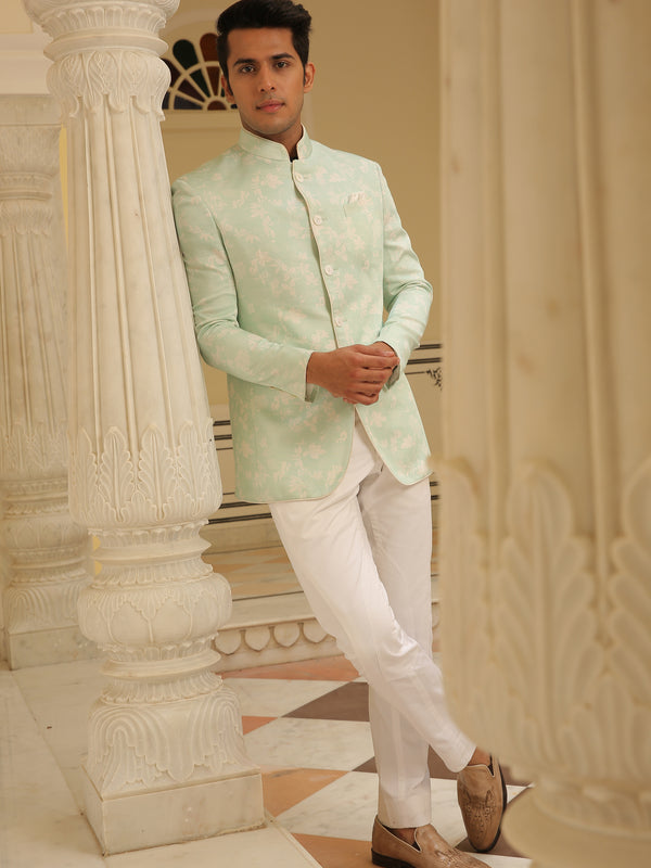 Digital Printed Terry Rayon Jodhpuri Suit in Off White : MHG2890